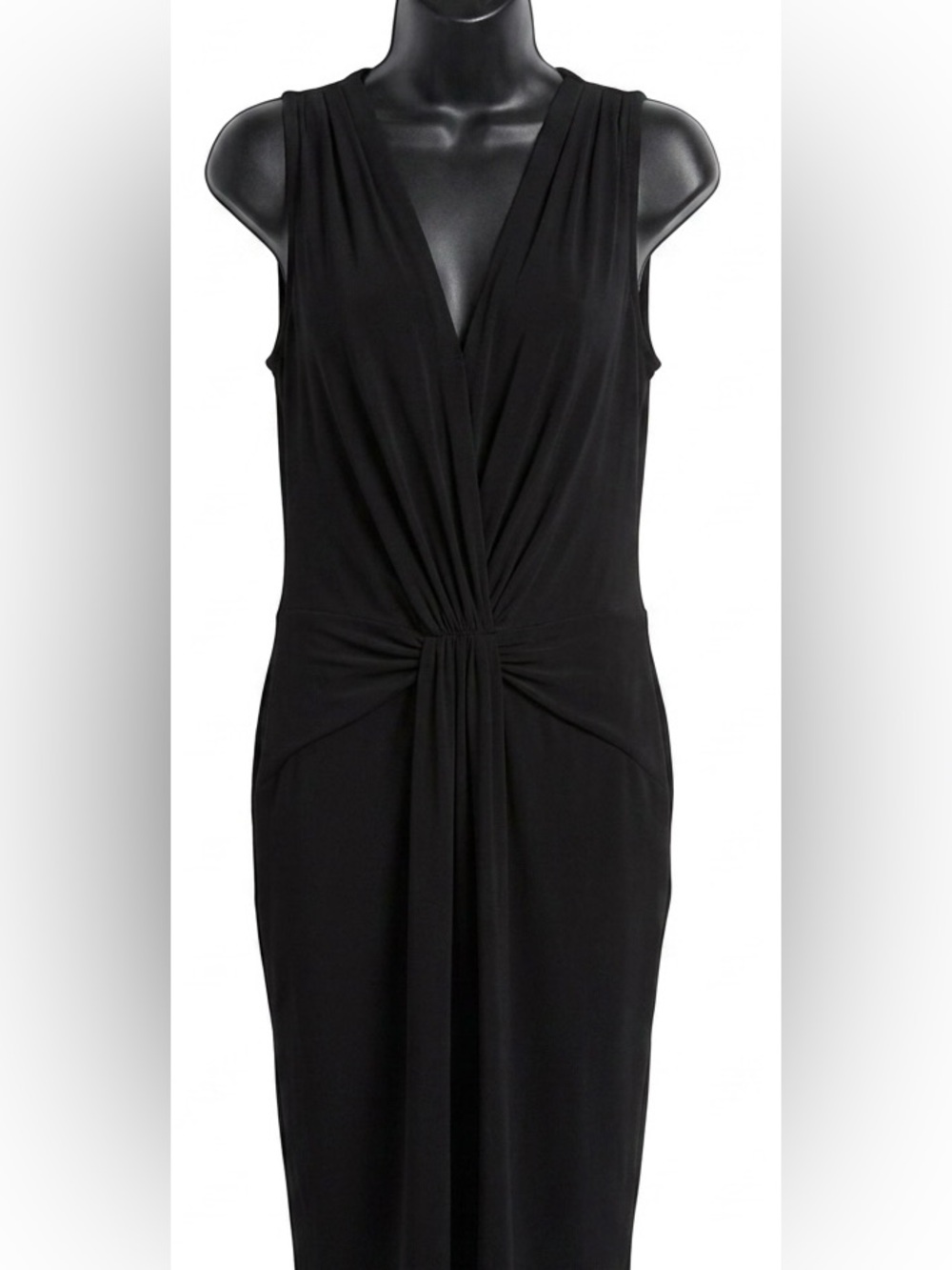 Anne Klein Black V-Neck Ruched Faux Wrap ITY Knot Front Sheath Dress 14
